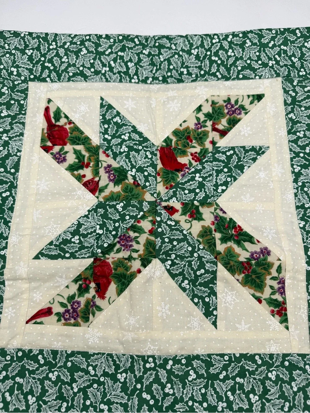 Vintage Handmade Christmas Quilted Table Runner Cardinal Patchwork Star 46”